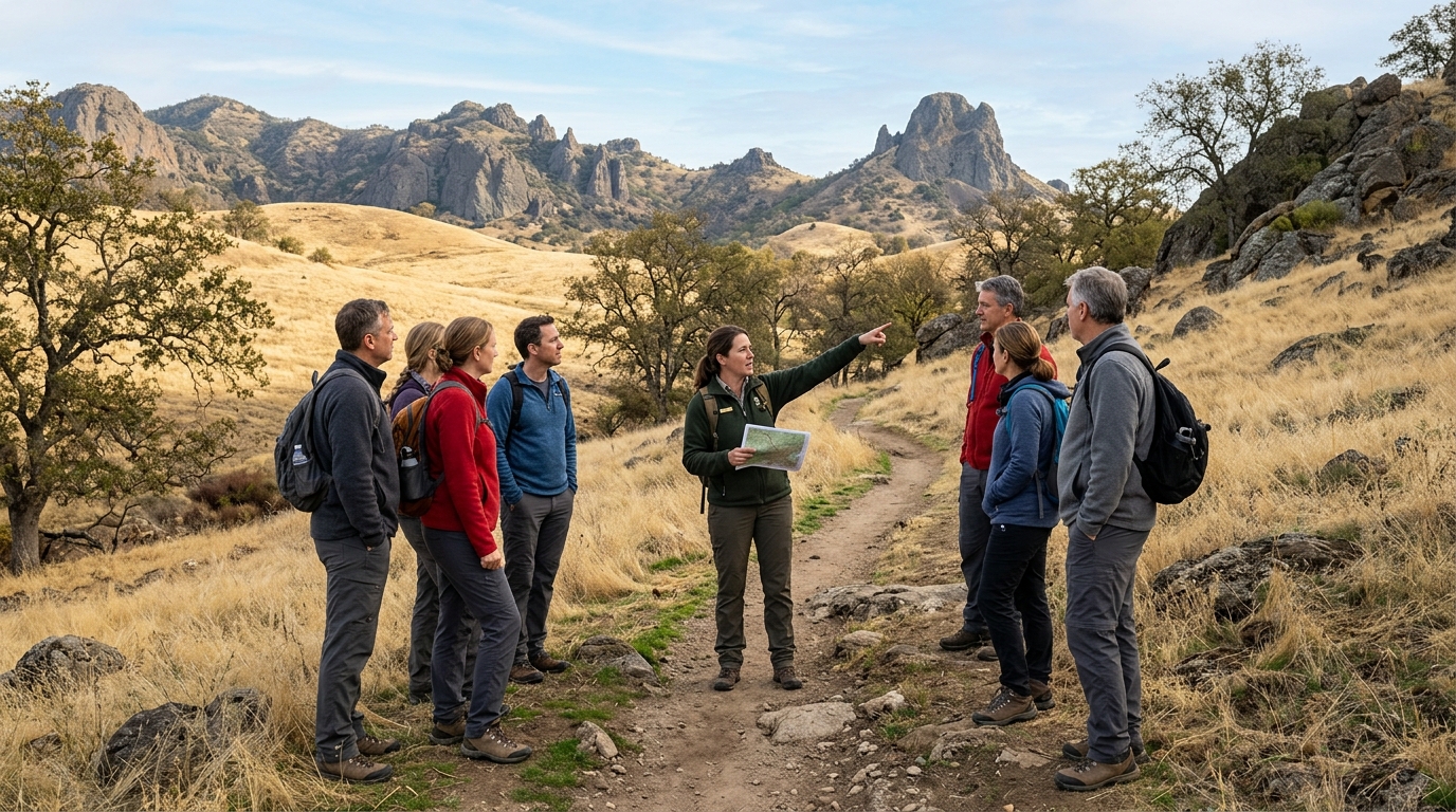 Authorized interpretive guide leading a registered group through Sutter Buttes volcanic terrain
