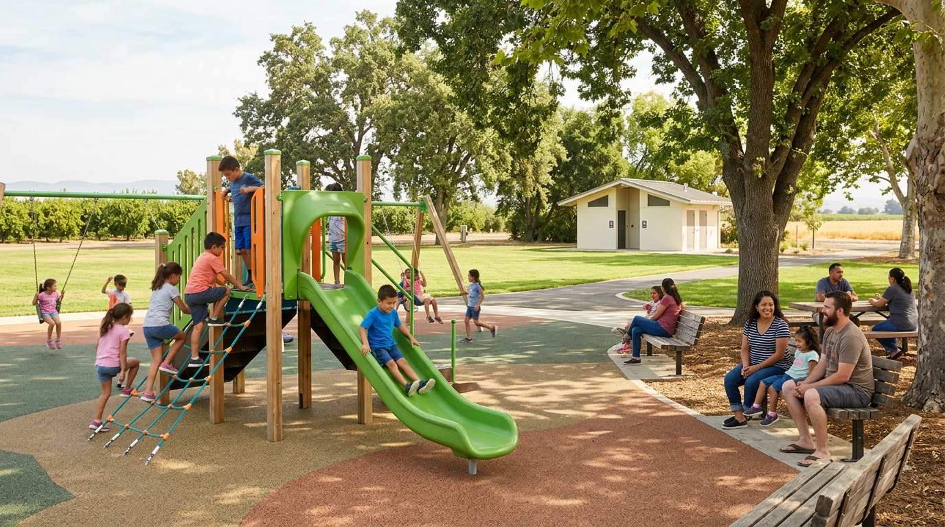Children playing at an accessible family playground with shade seating and open lawns in Sutter County California