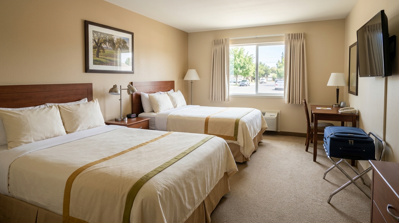 Clean budget-friendly hotel room with practical amenities in Yuba City California