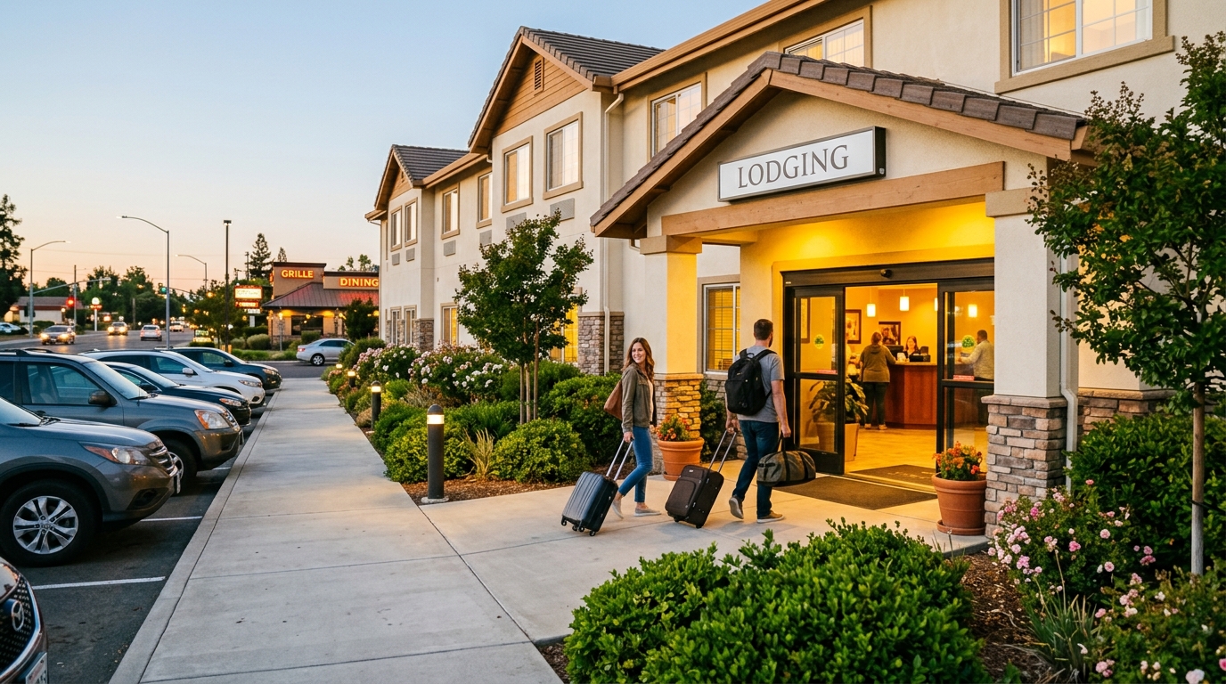 Comfortable Yuba City hotel with accessible entrance guest parking and landscaped grounds