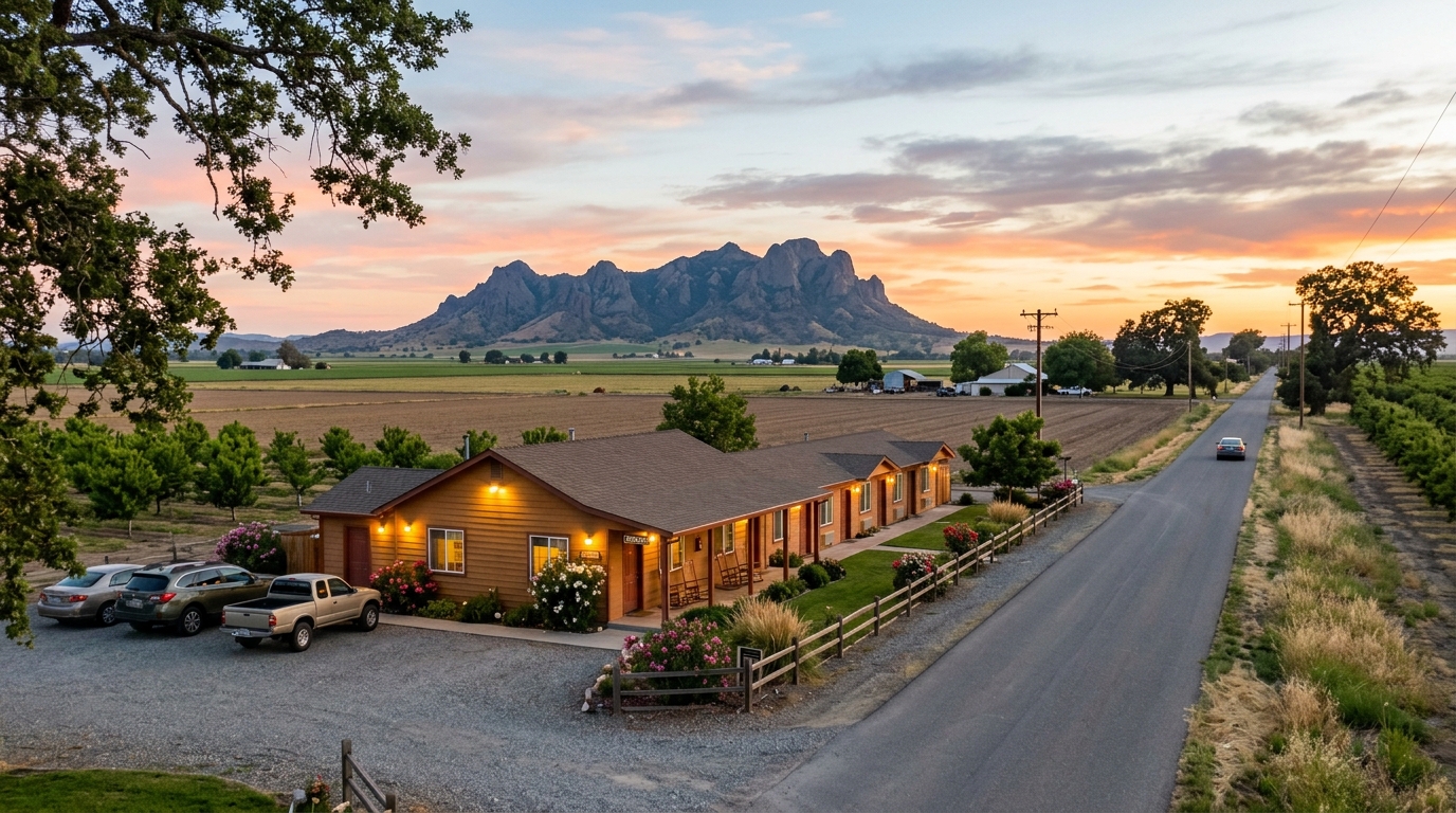 Comfortable lodging in the Sacramento Valley near exterior views of the Sutter Buttes California