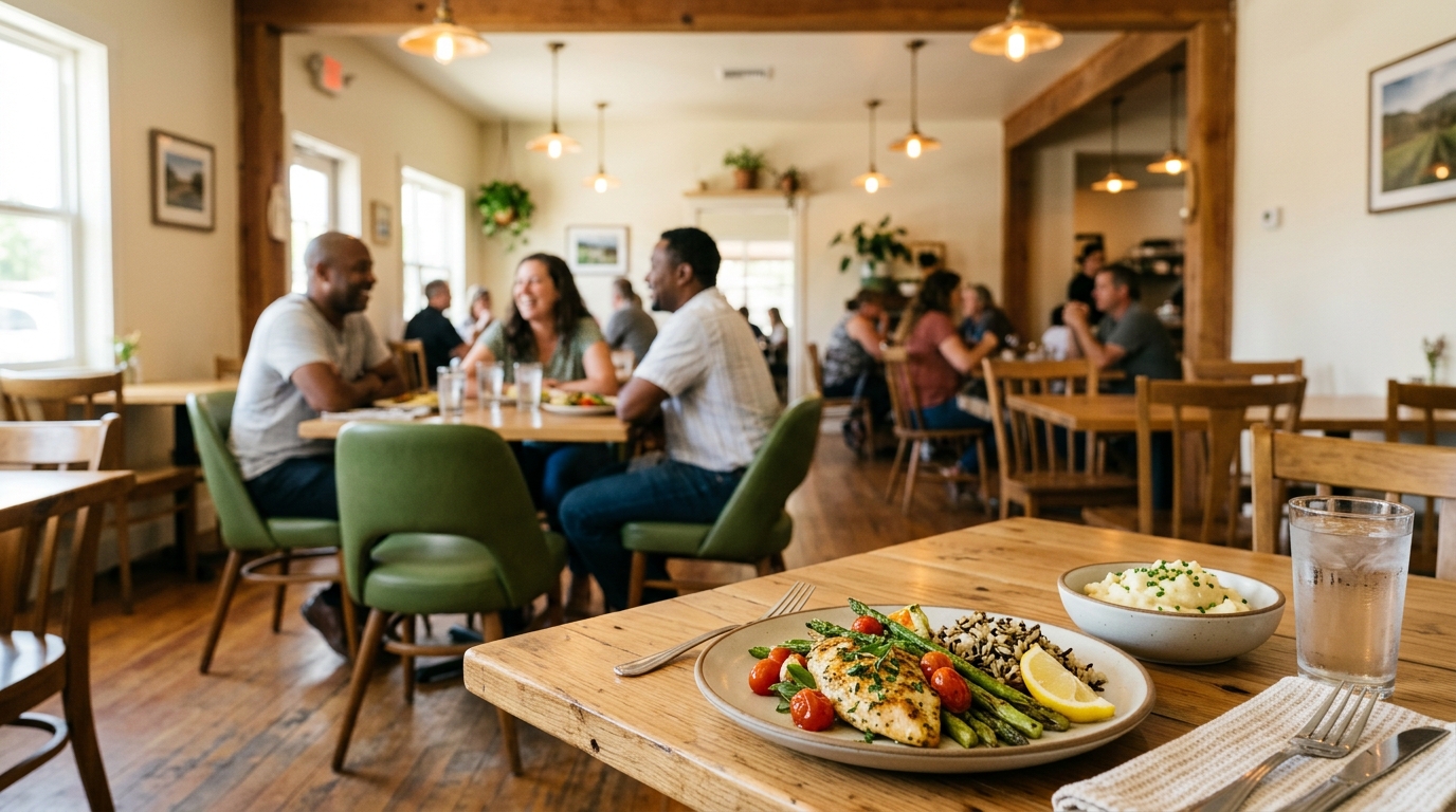 Comfortable neighborhood restaurant dining room serving seasonal food in Sutter County California