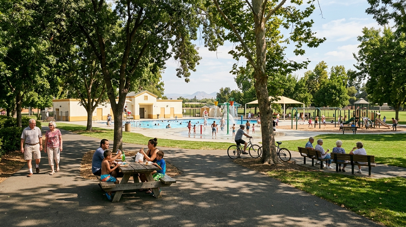 Families enjoying shaded park paths playgrounds and aquatic recreation in Yuba City California