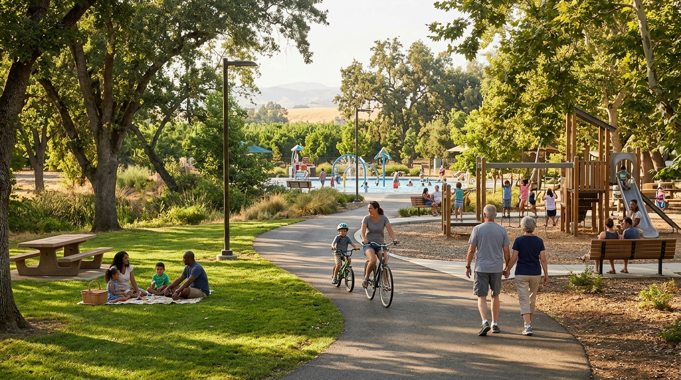 Families enjoying shaded parks walking paths and summer recreation in Yuba City California