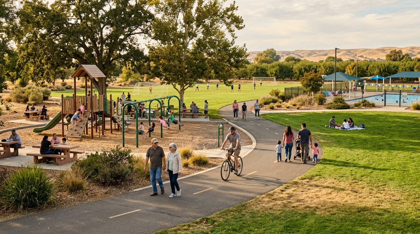 Families enjoying shaded walking paths playgrounds and recreation facilities in a Yuba City park