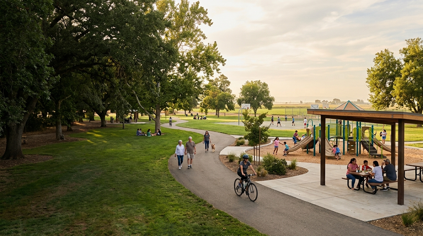 Families enjoying walking paths playgrounds and shaded recreation areas in a Yuba City public park