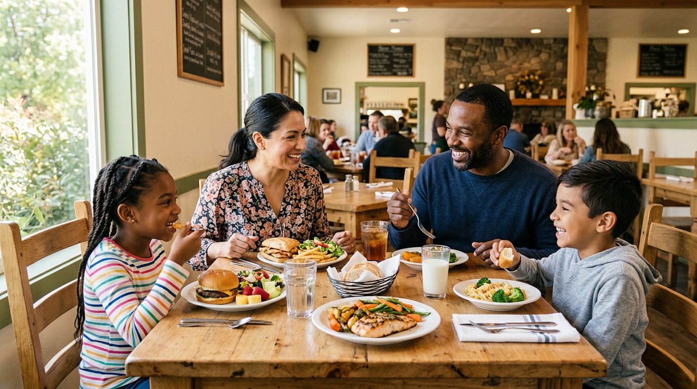Family sharing a casual meal at a welcoming restaurant in Sutter County California