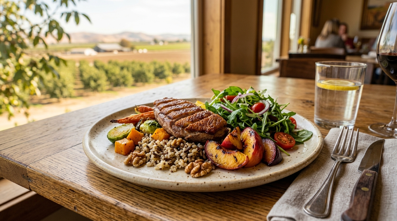 Farm-inspired restaurant meal prepared with seasonal produce from the Sutter County agricultural region