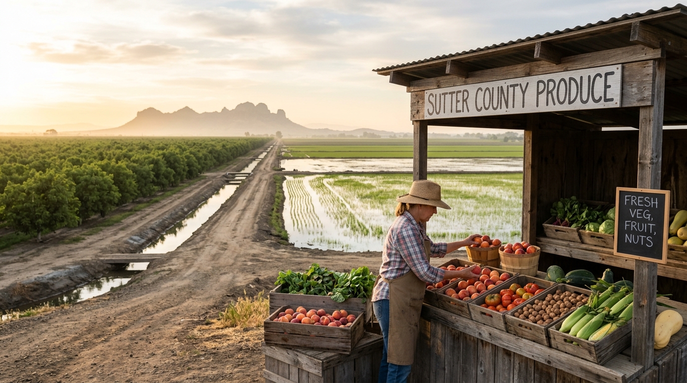 Farm stand with seasonal produce beside orchards and rice fields in Sutter County California