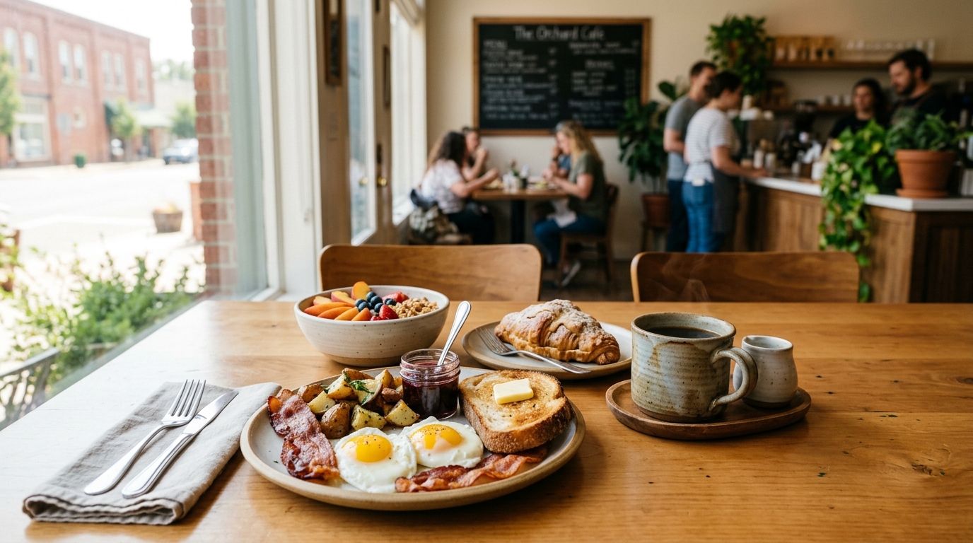 Fresh breakfast plates pastries and coffee served at a neighborhood café in Yuba City California