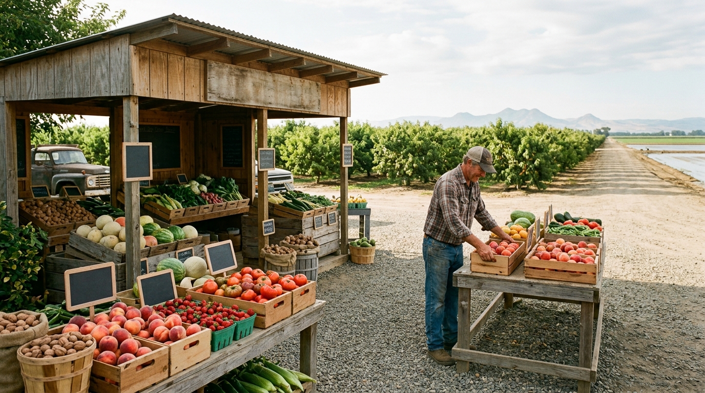 Fresh seasonal produce displayed at a farm stand beside orchards in Sutter County California