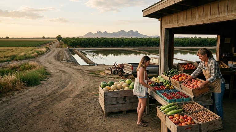 Late-summer peaches tomatoes melons vegetables and walnuts displayed at a Sutter County farm stand