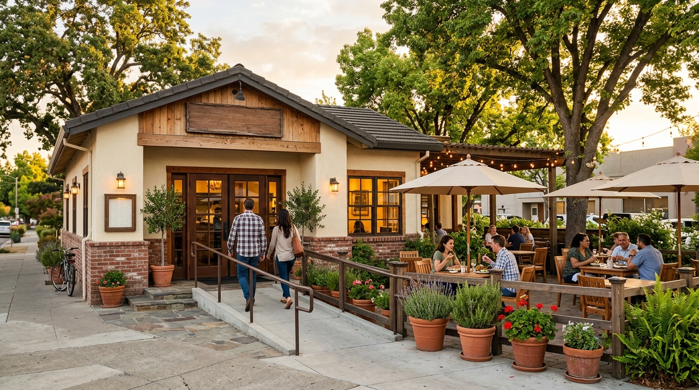 Locally owned Yuba City restaurant with shaded outdoor seating and an accessible entrance
