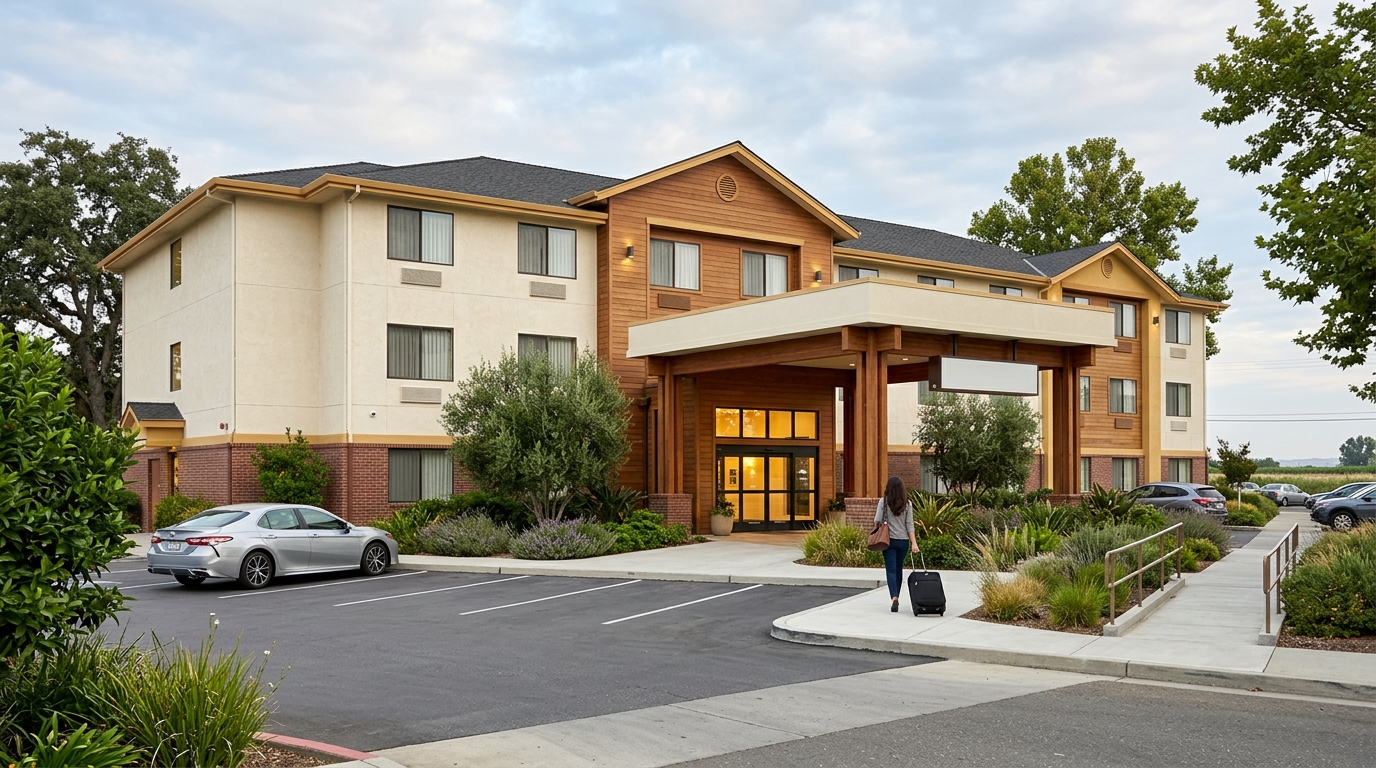 Midscale Yuba City hotel with covered entrance accessible pathway and guest parking