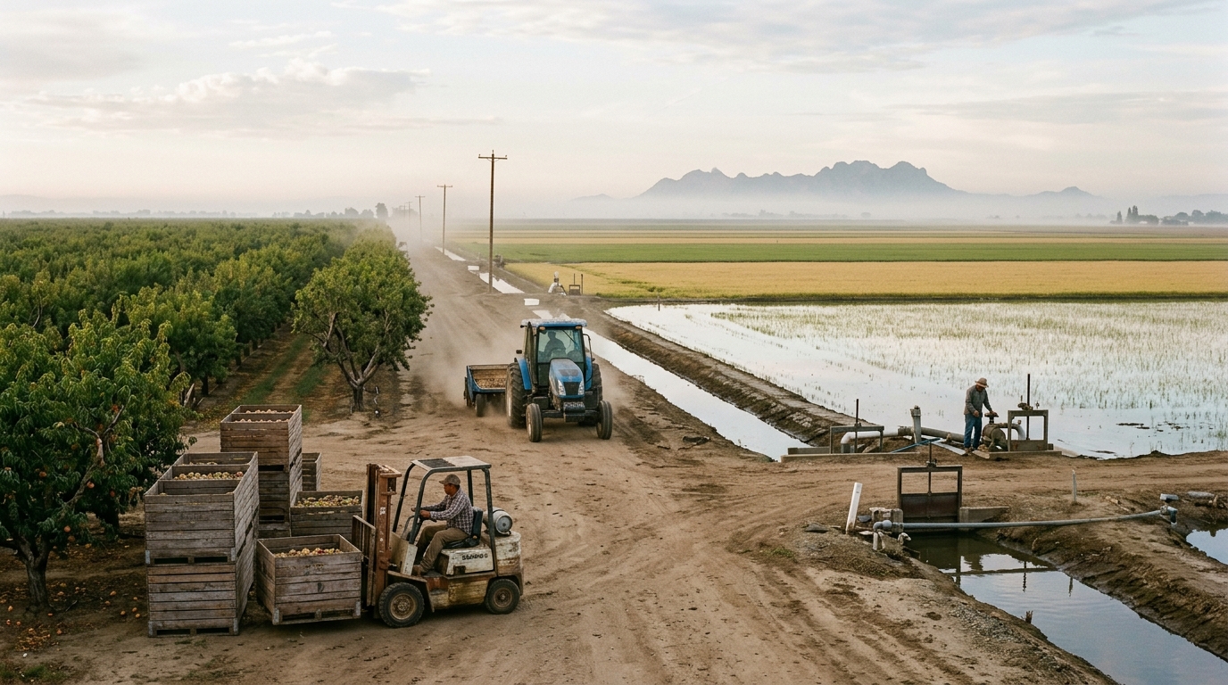 Orchard rows rice fields and agricultural workers across the Sutter County farming landscape