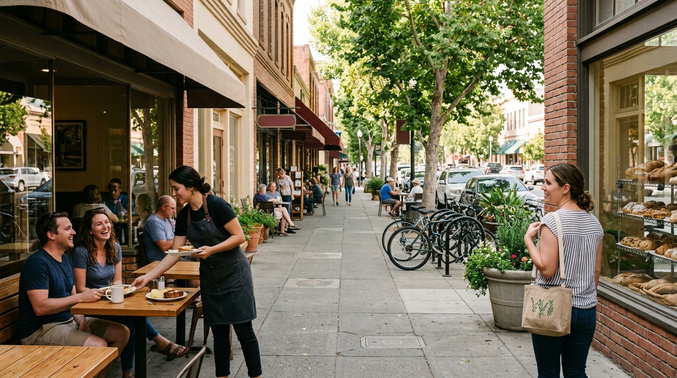 Outdoor cafés local shops and shaded sidewalks along Plumas Street in Yuba City California