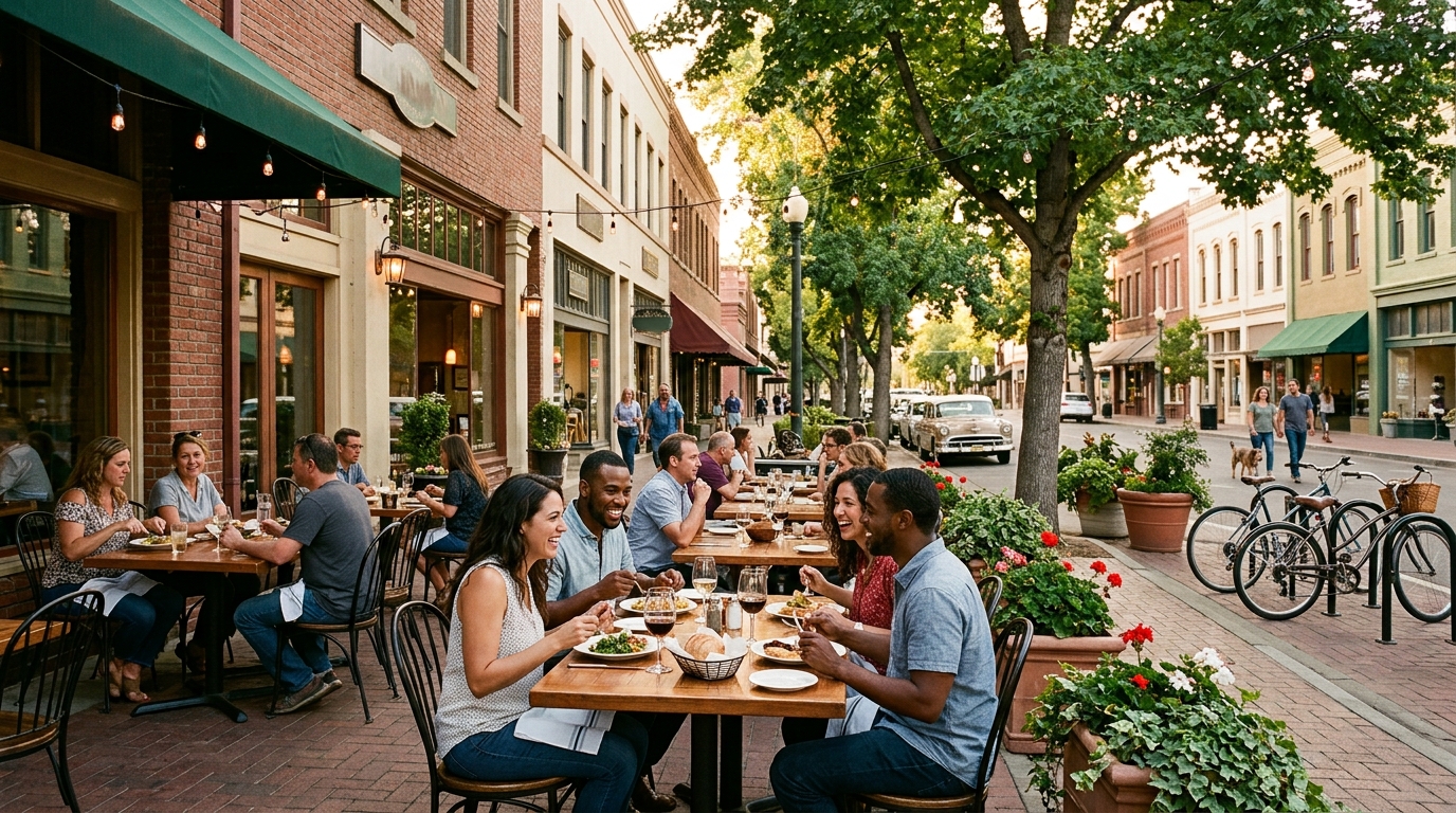 Outdoor restaurants and cafés along a shaded downtown Yuba City street near Plumas Street