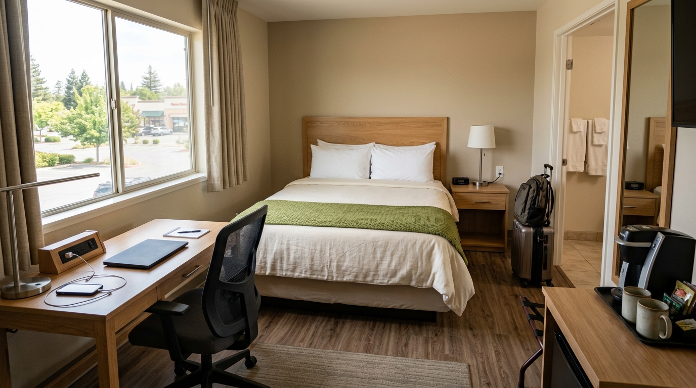 Practical Sutter County hotel room with work desk luggage storage and business travel amenities