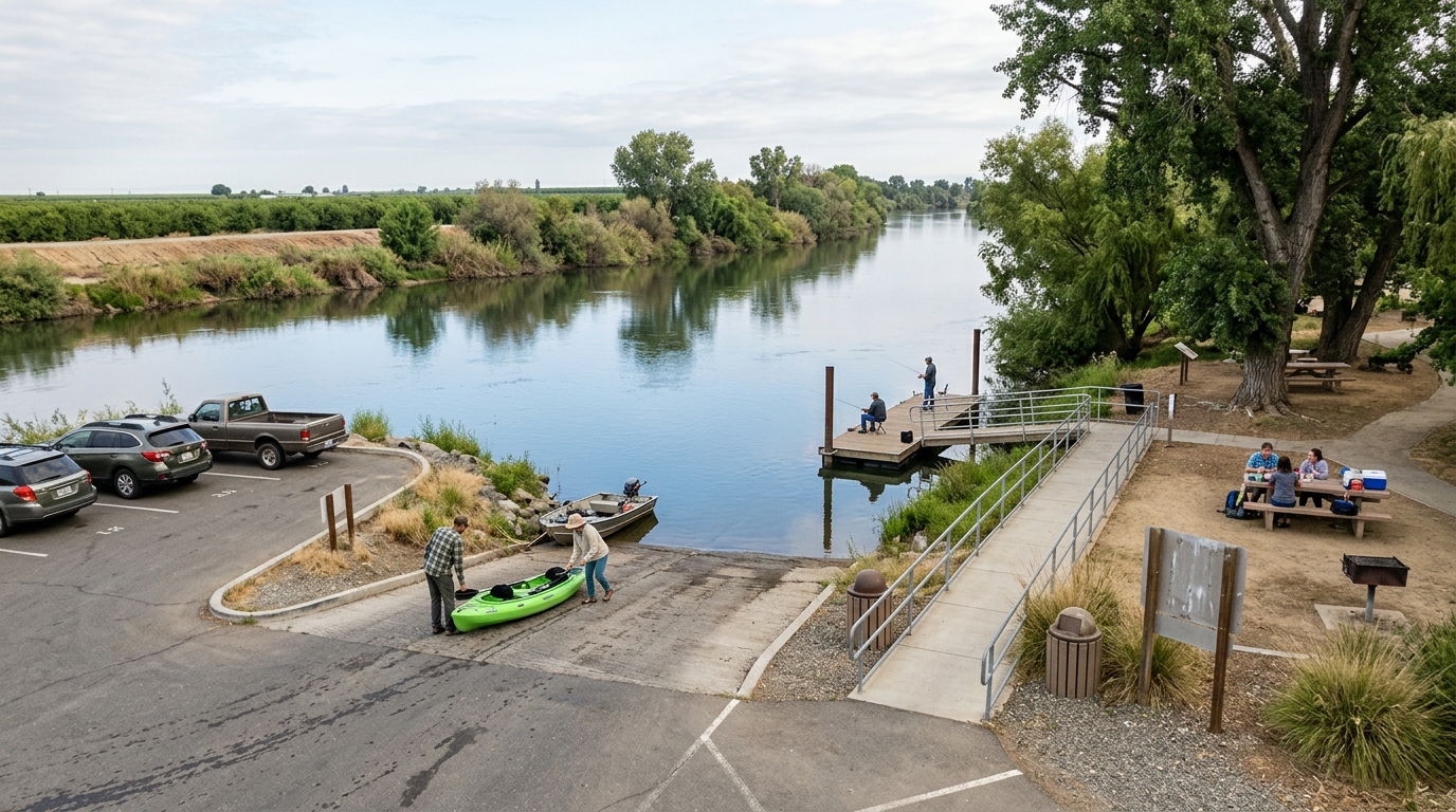 Public river access area with boat launch parking picnic space and fishing facilities in Sutter County California