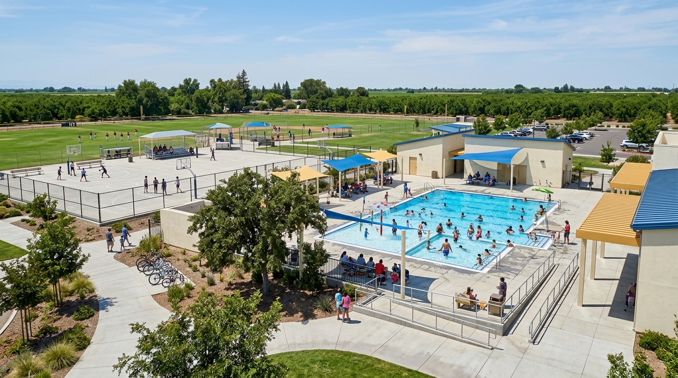 Public swimming sports courts and athletic fields at a Yuba City recreation facility
