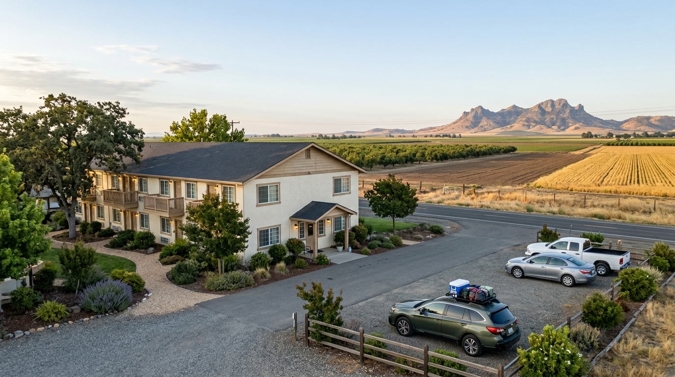 Regional Sutter County lodging property near agricultural roads and distant Sutter Buttes views