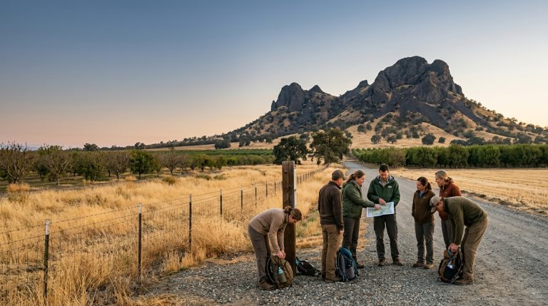 Registered guided hiking group preparing for a fall outing in the Sutter Buttes California
