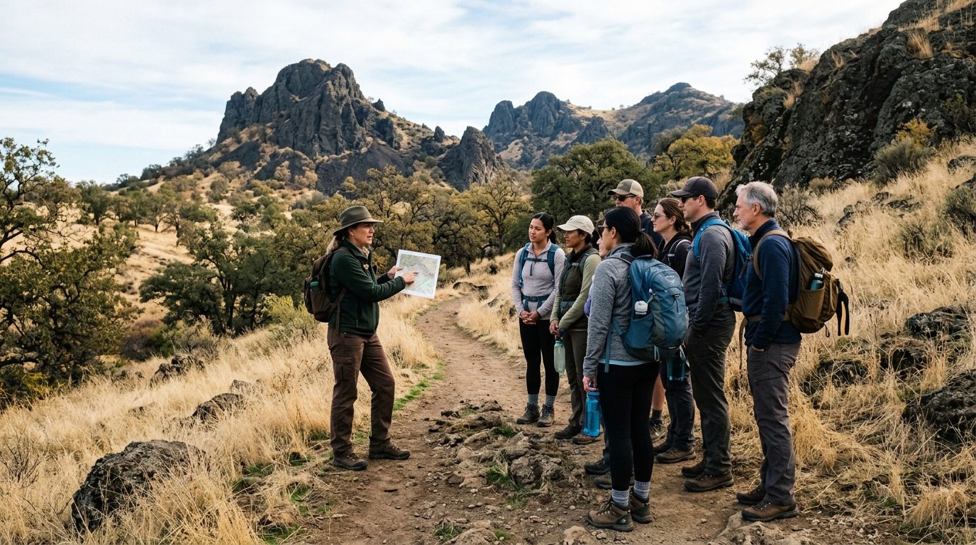 Registered interpretive hiking group exploring Sutter Buttes geology with an authorized guide