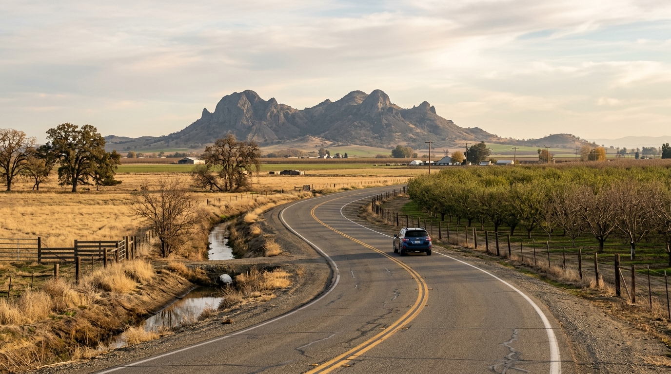 Scenic county road passing orchards and farmland around the Sutter Buttes in California