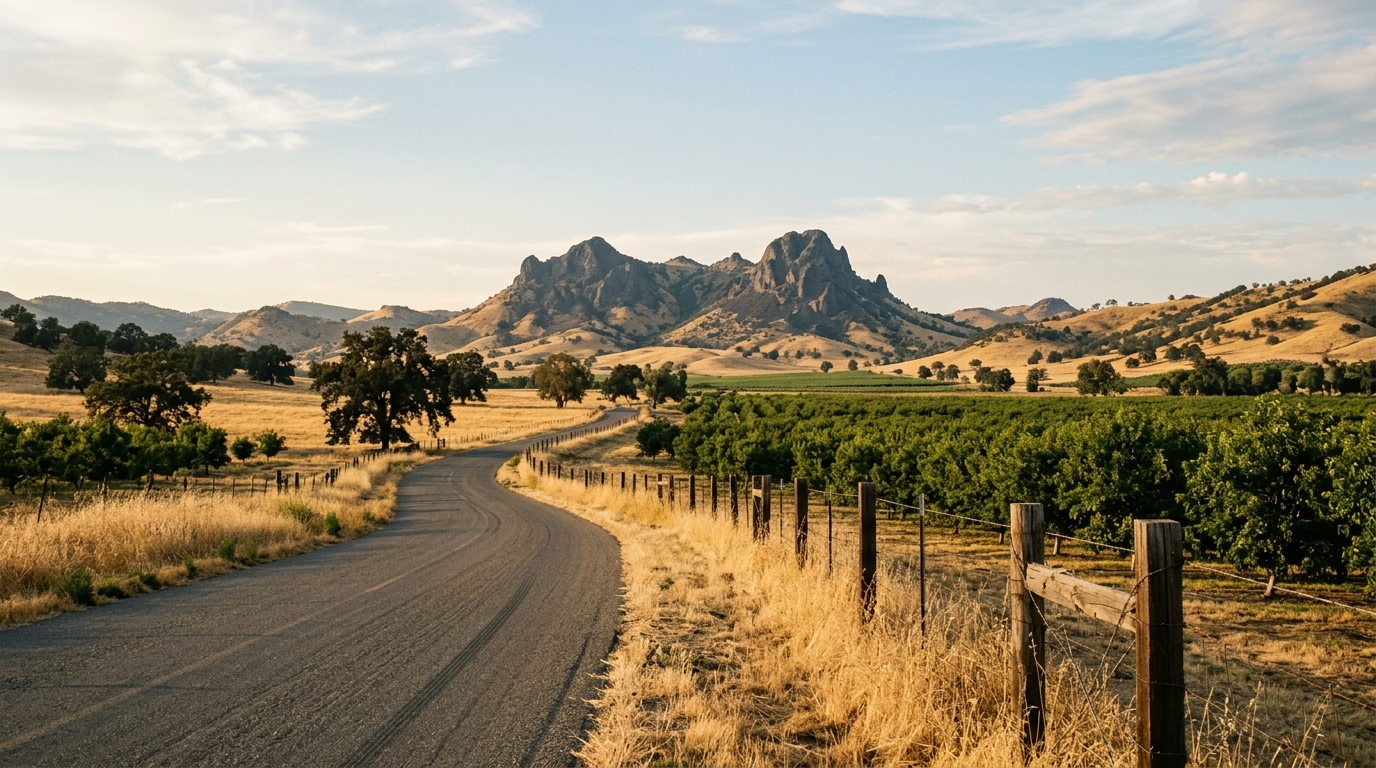 Scenic public road with agricultural fields and exterior views of the Sutter Buttes in California