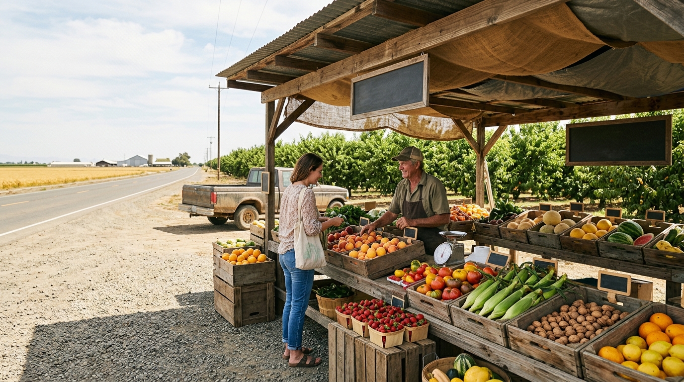 Seasonal fruit vegetables and walnuts displayed at a Sutter County roadside farm stand