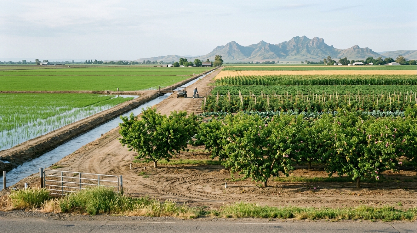 Seasonal orchard rice and vegetable crops growing across farmland in Sutter County California