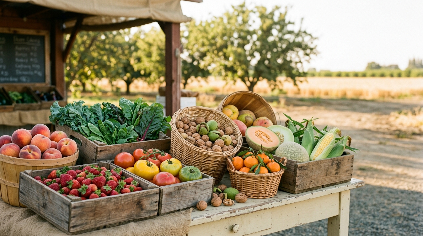 Seasonal peaches tomatoes walnuts citrus and vegetables grown and sold in Sutter County California