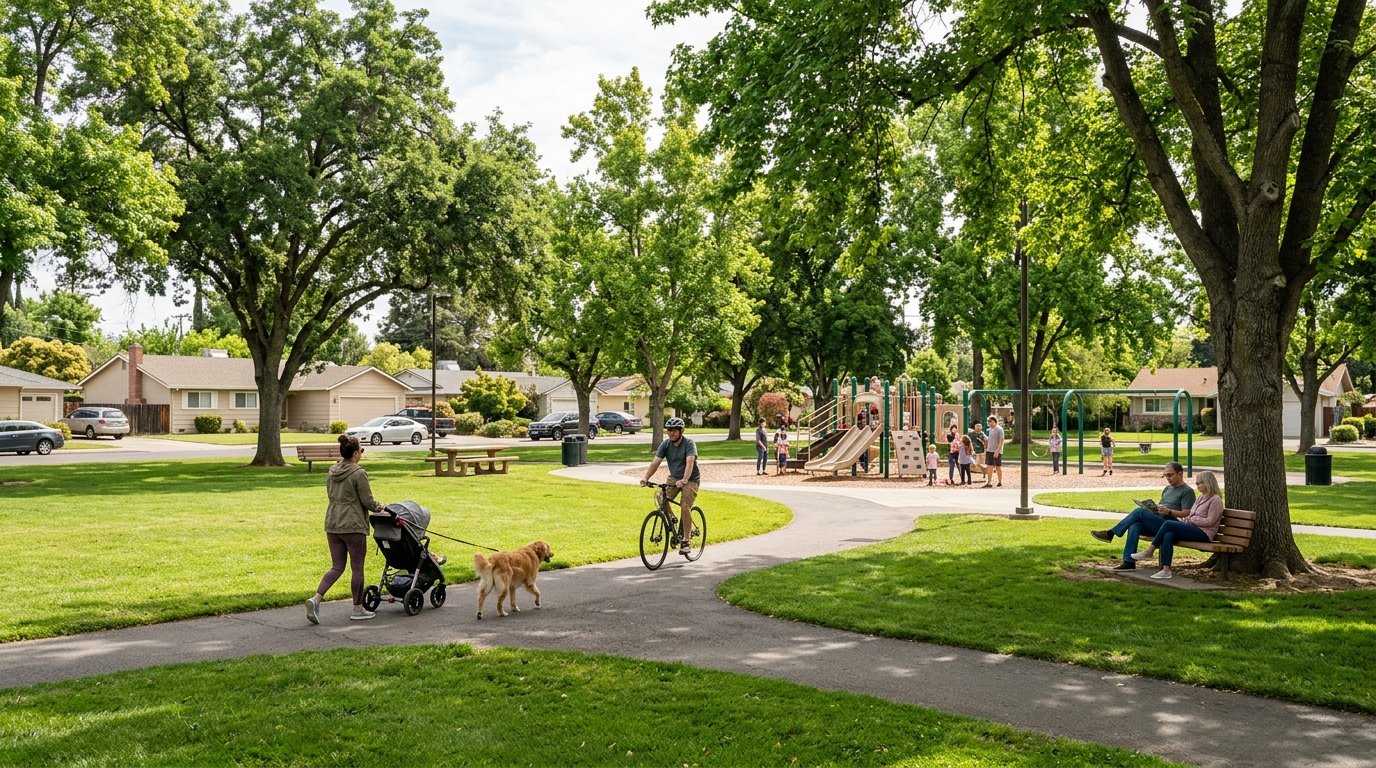 Shaded Yuba City community park with walking paths lawns picnic tables and playground facilities
