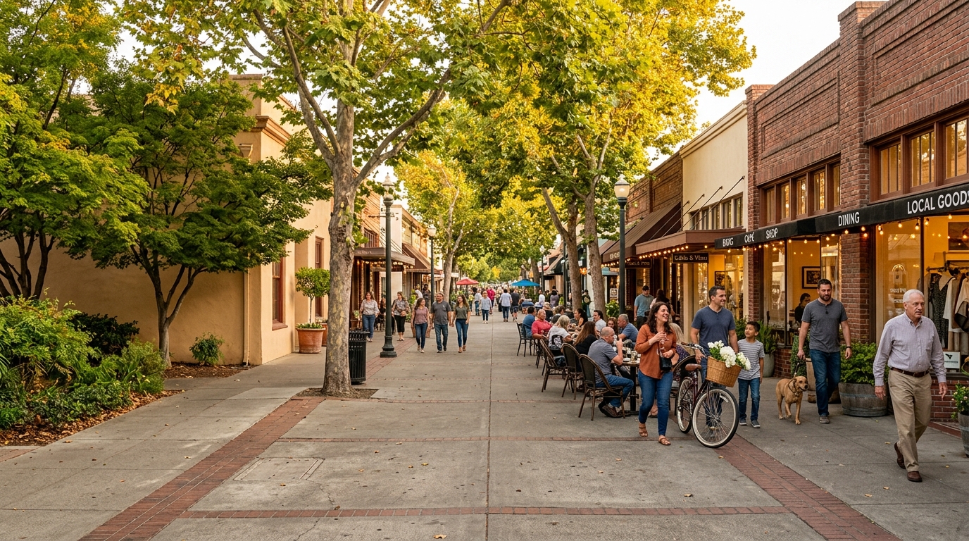 Shaded sidewalks restaurants and local shops along Plumas Street in downtown Yuba City