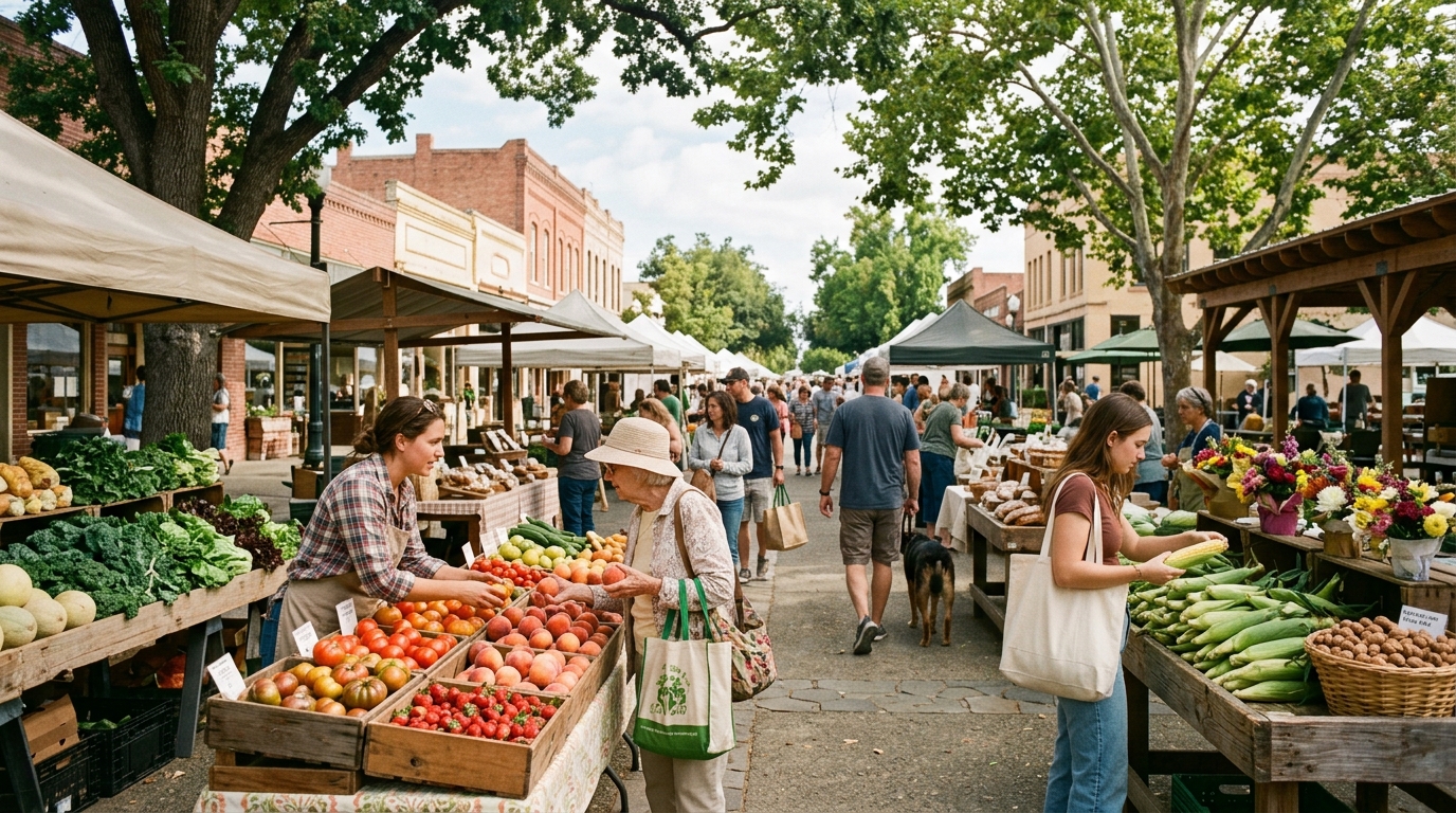 Shoppers buying seasonal produce from local growers at a farmers market in downtown Yuba City