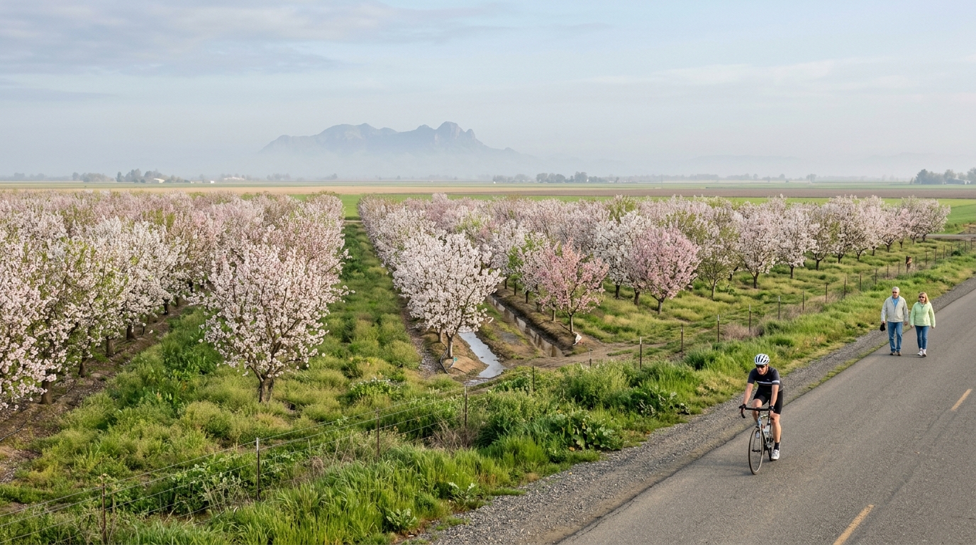 Spring orchard blossoms along an agricultural road with distant Sutter Buttes views in California
