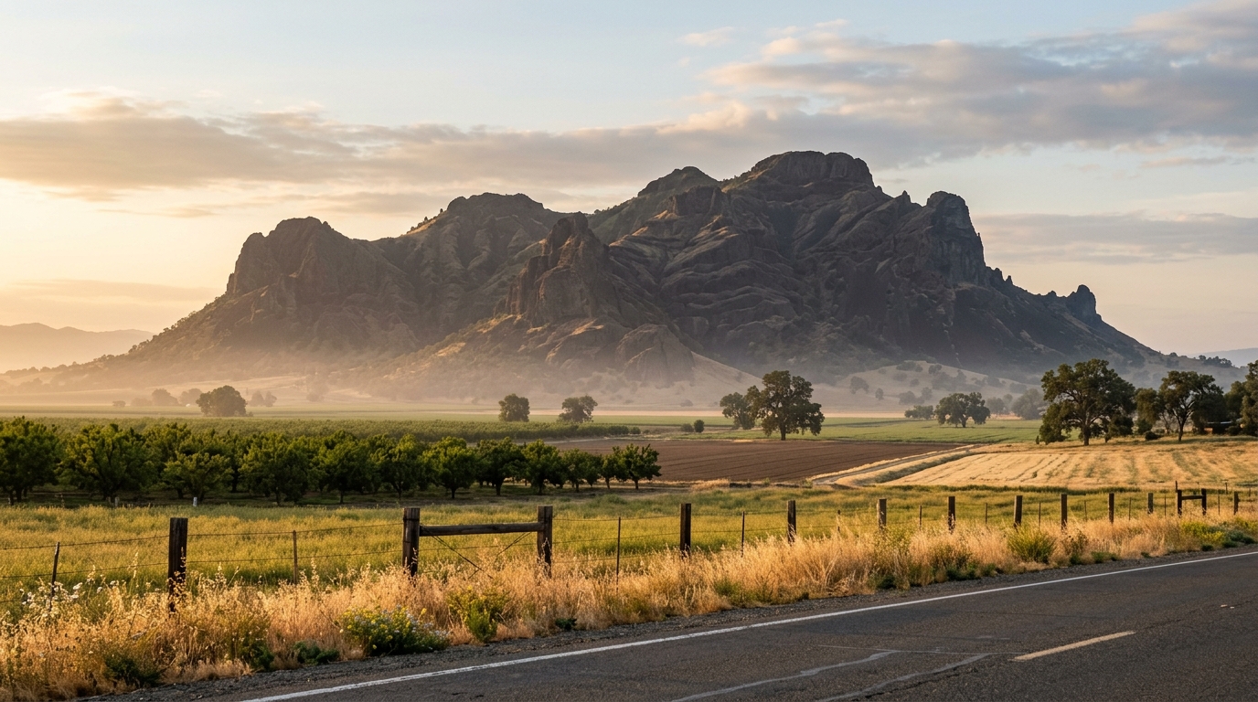 Sutter Buttes rising above fenced agricultural land and a public rural road in Sutter County California