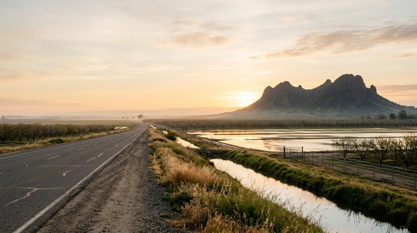 Sutter Buttes rising beyond rice fields and agricultural land in Sutter County California at sunrise