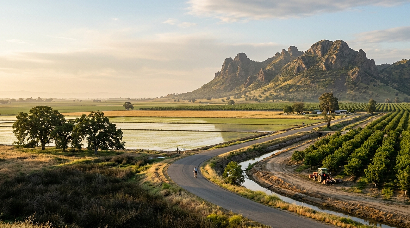 Sutter Buttes rising beyond rice fields orchards and rural roads in Sutter County California