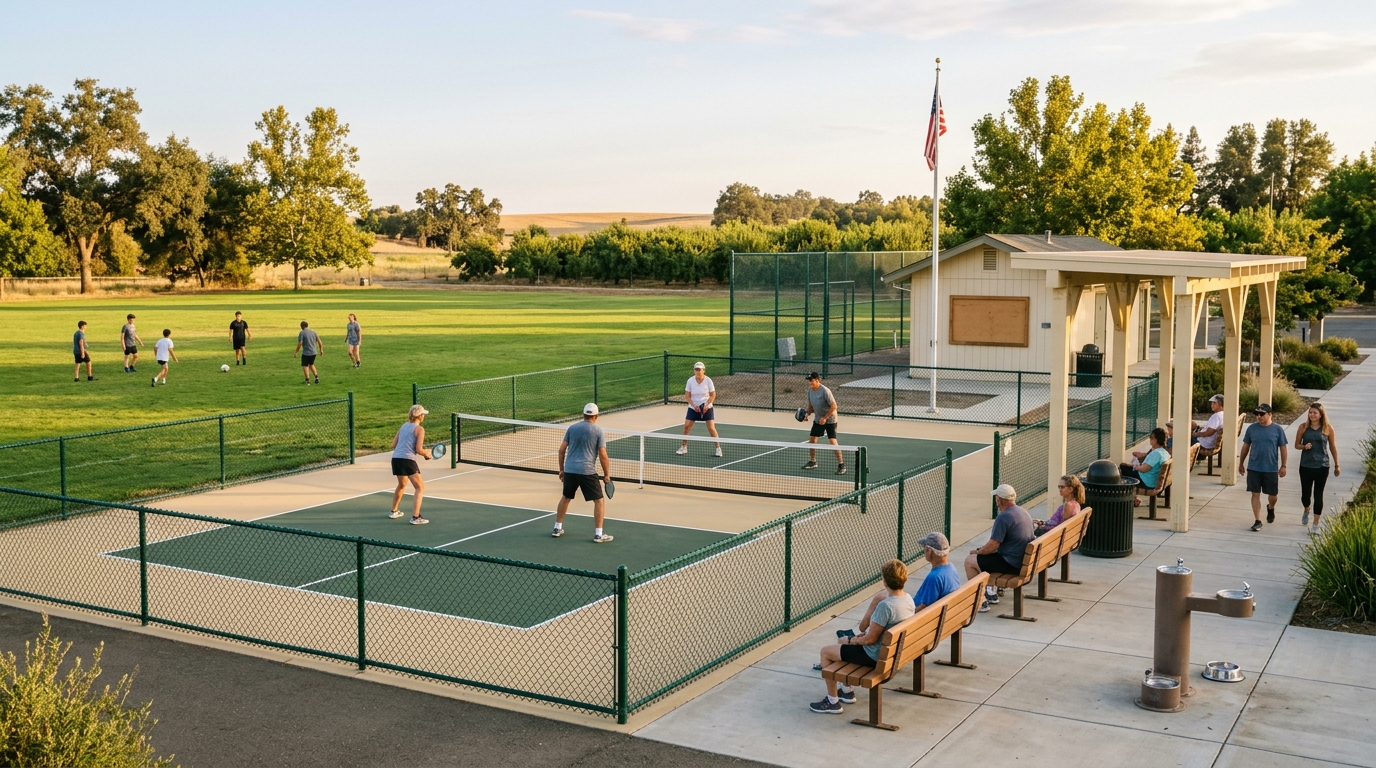 Sutter County recreation facility with outdoor courts sports fields seating and accessible pathways