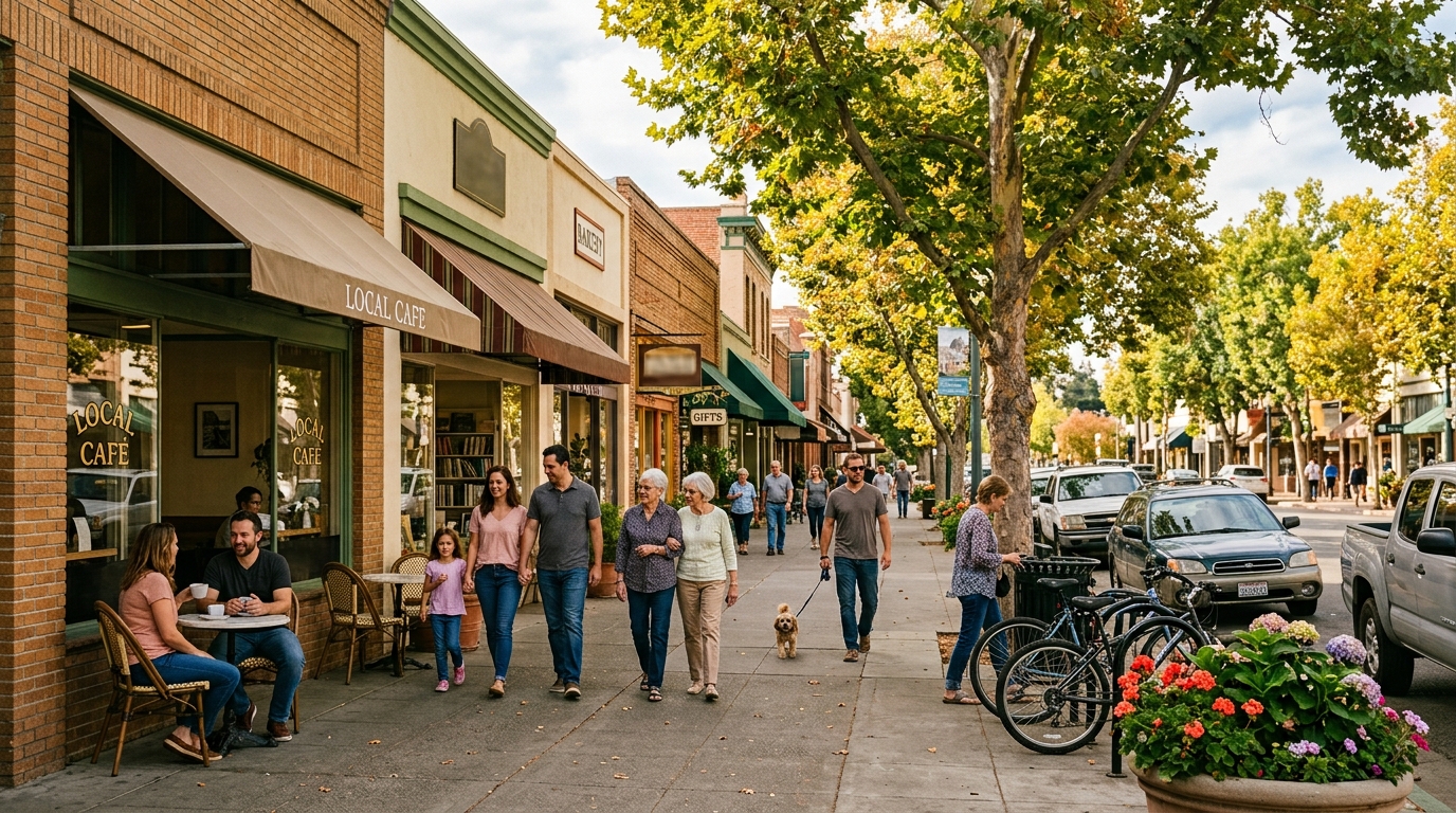 Tree-lined downtown Yuba City street with local restaurants shops and outdoor seating