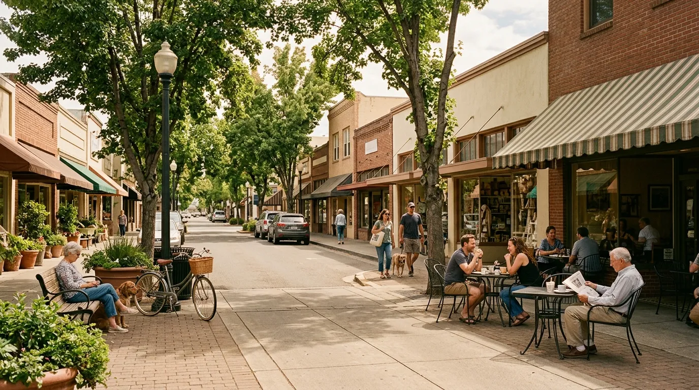 Tree-lined downtown Yuba City street with local shops restaurants and outdoor seating
