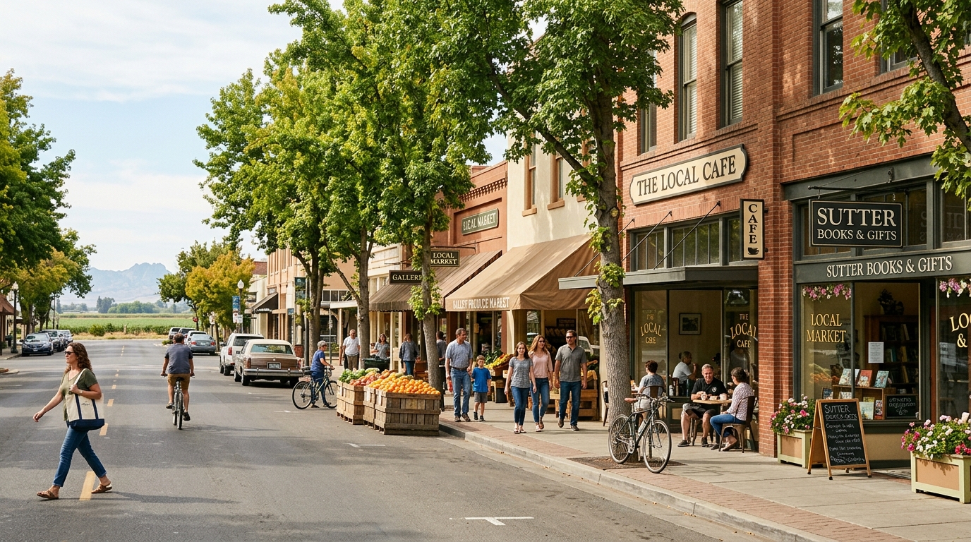 Tree-lined downtown Yuba City with local restaurants shops and outdoor community spaces