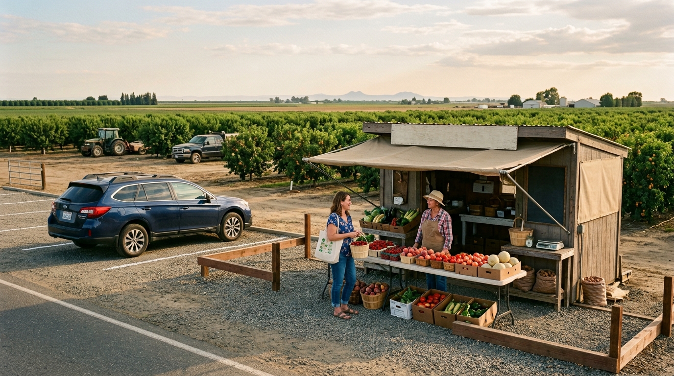 Visitors buying fresh seasonal produce at a farm stand near Yuba City California