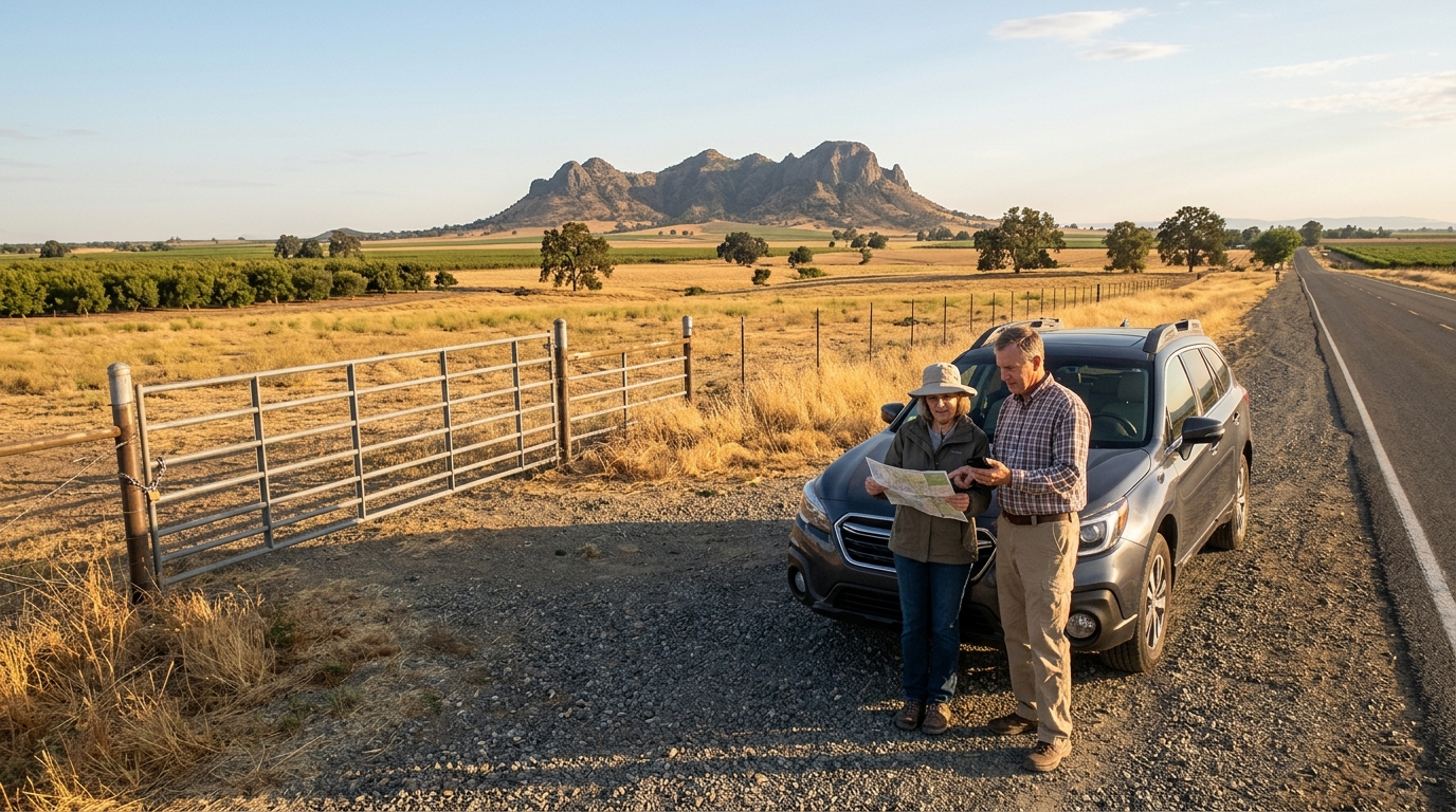 Visitors checking Sutter Buttes access information from a public roadside outside fenced land
