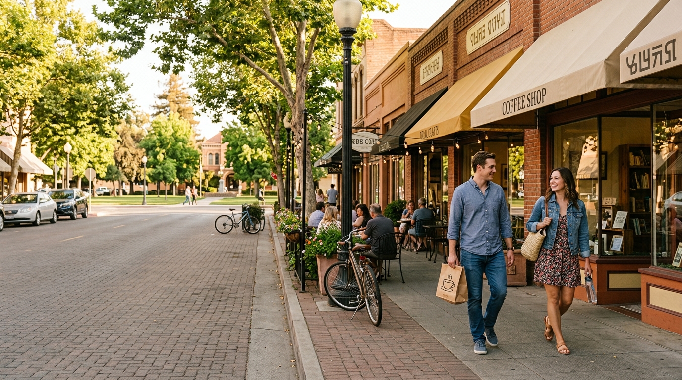 Visitors combining local dining shopping and sightseeing during a day in downtown Yuba City California