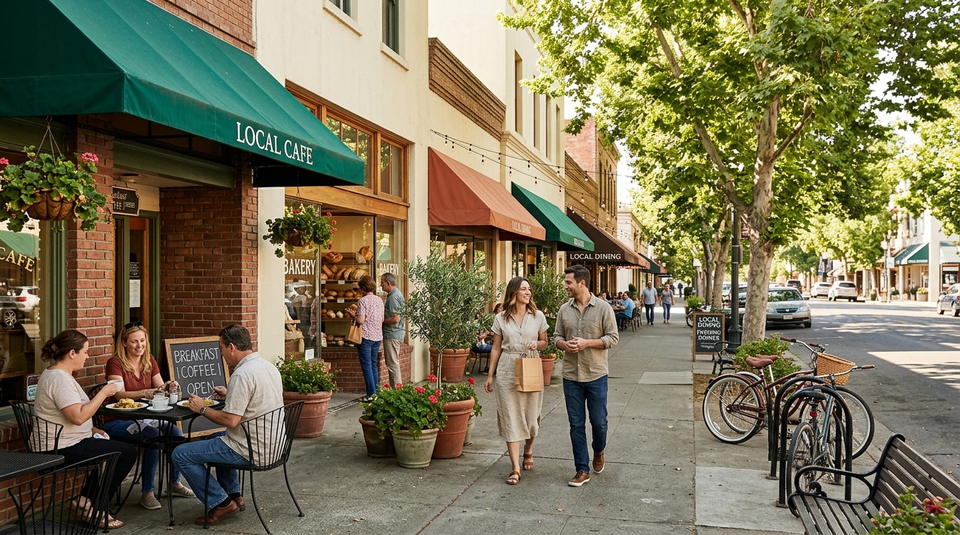 Visitors exploring cafés restaurants and local food shops during a day in downtown Yuba City