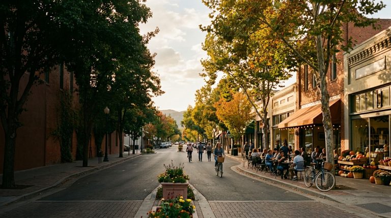 Visitors exploring restaurants shops and shaded sidewalks in downtown Yuba City during late summer