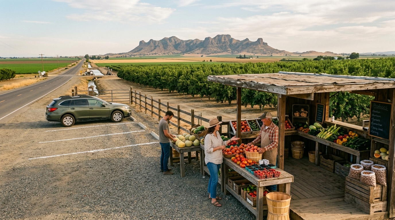 Visitors purchasing seasonal produce at a roadside farm stand in rural Sutter County California