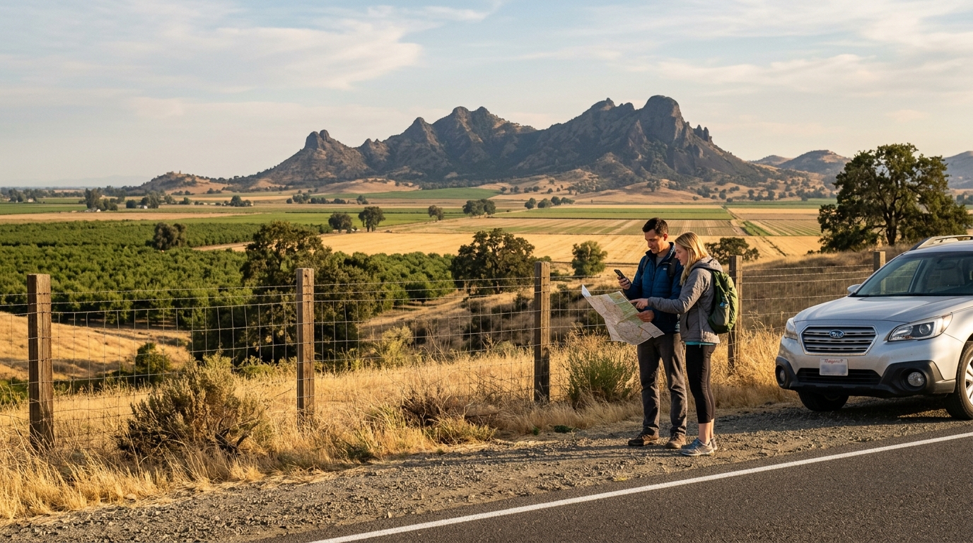 Visitors reviewing access information while viewing the Sutter Buttes from a public roadside